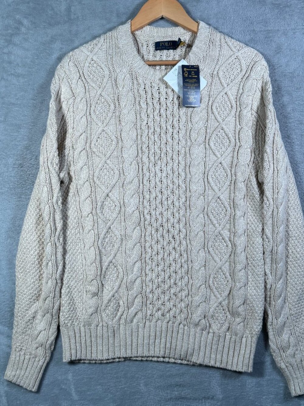 Polo Ralph Lauren Sweater Mens S Beige Cable Knit Aran Fisherman Crewneck $175